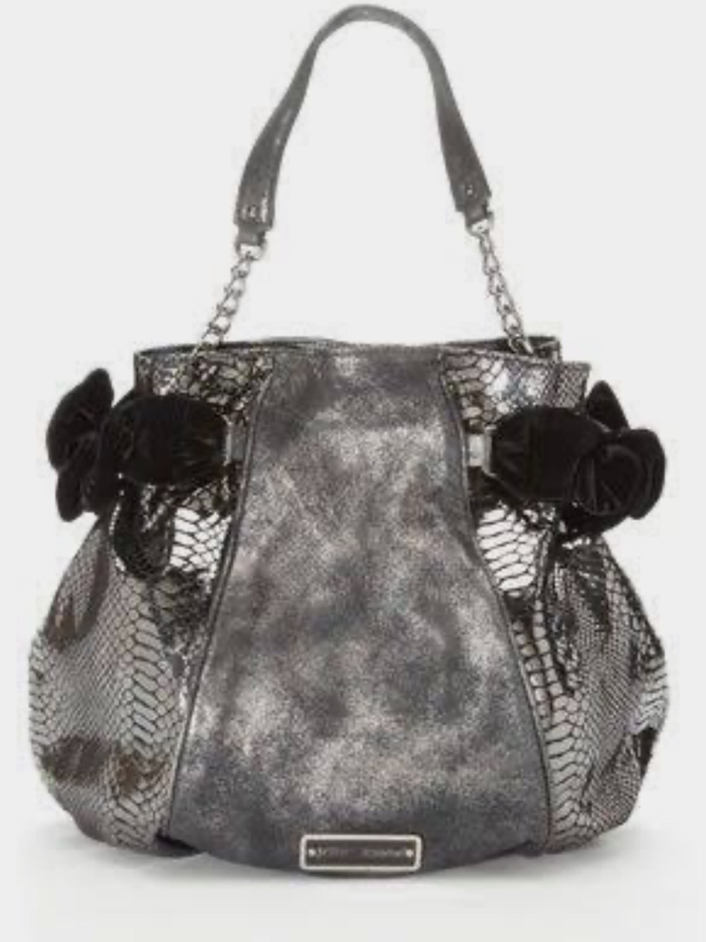 Betsy Johnson Vintage Y2K NEW Side 2 Side Metallic Pewter Black Hobo Bag Bows